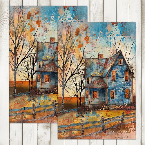 SHABBY BLUE FARMHOUSE IN AUTUMN DECOUPAGE TISSUE PAPER