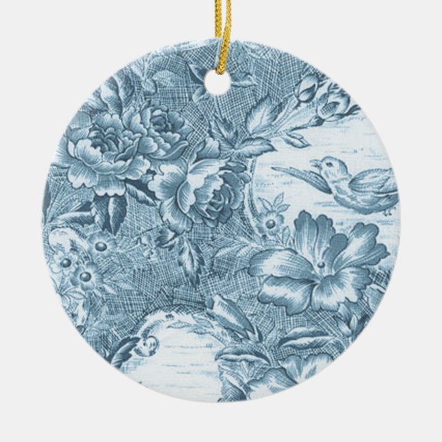 Shabby Blue French Toile Ceramic Ornament (Front)