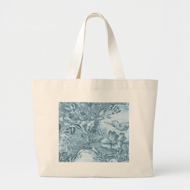 Shabby Blue French Toile Large Tote Bag (Front)