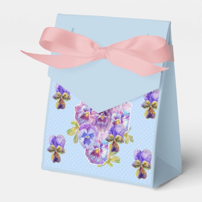 Shabby Blue Pansy Floral Tea Party Cake Favor Box (Front Side)