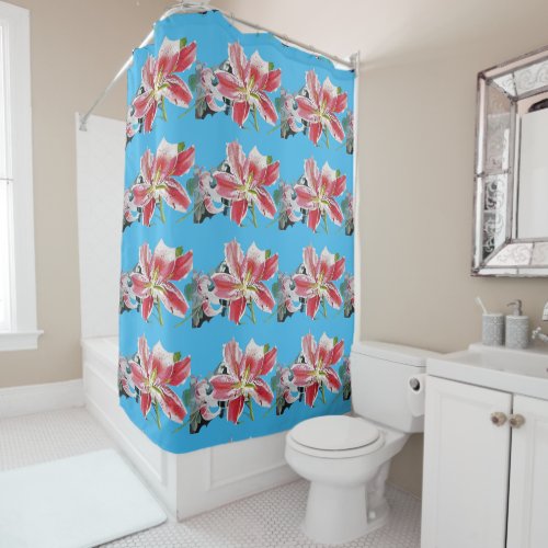 Shabby Blue Red Lily flowers floral Shower Curtain