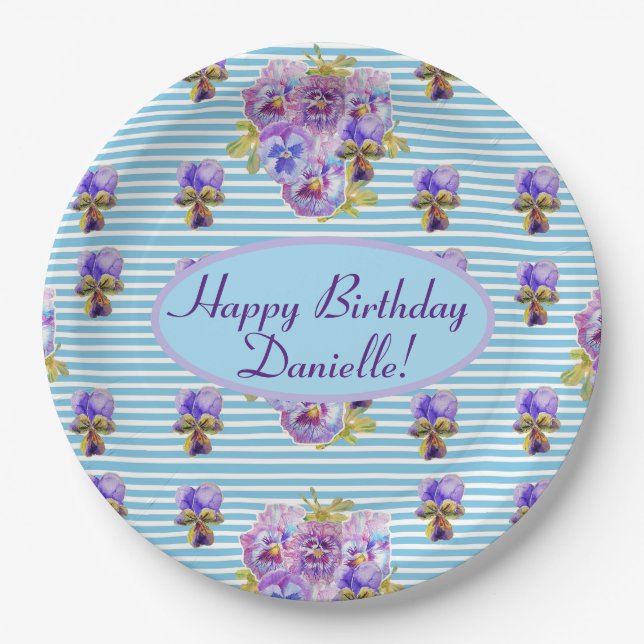 Shabby Blue Rose Floral Tea Party Purple Paper Plates (Front)