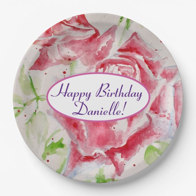 Shabby Blue Rose Floral Tea Party Purple Paper Plates (Front)