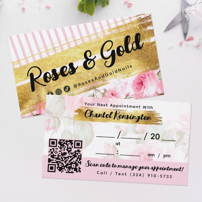 Shabby Blush Watercolor Roses Gold QR Appointment Business Card (Creator Uploaded)