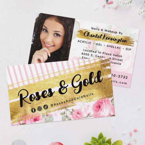 Shabby Blush Watercolor Roses  Gold Social Photo Business Card