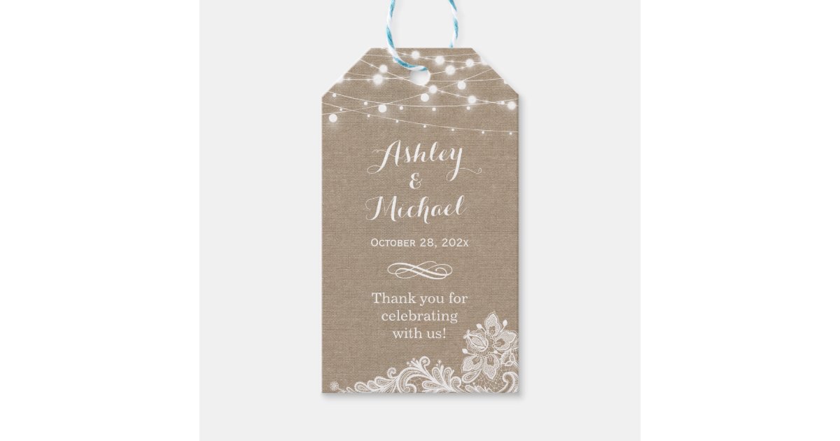 Shabby Burlap String Lights Lace Wedding Thank You Gift Tags | Zazzle