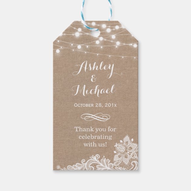 Shabby Burlap String Lights Lace Wedding Thank You Gift Tags
