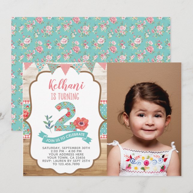 Shabby Chic 2nd Birthday Invitation with Photo (Front/Back)