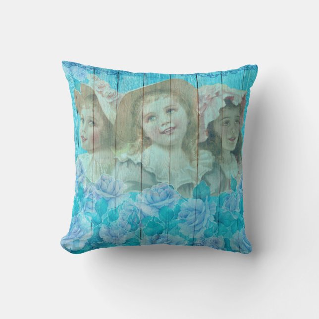 Shabby Chic 3 Little Victorian Girls Floral  Throw Pillow (Front)