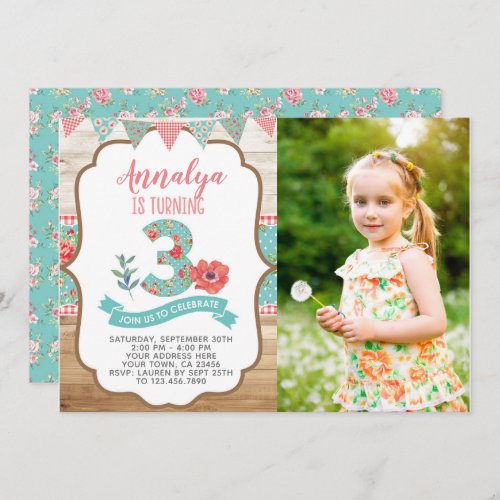 Shabby Chic 3rd Birthday Invitation with Photo