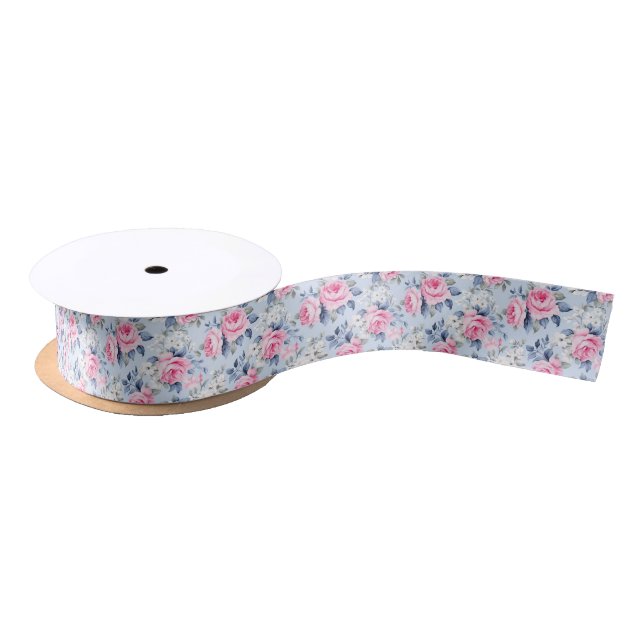 Shabby Chic Aesthetic Pink Roses Seamless Pattern Satin Ribbon (Spool)