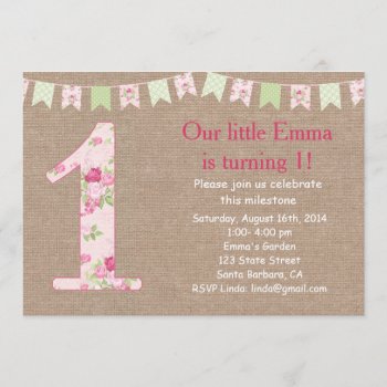 Shabby Chic And Burlap First Birthday Invitation by Pixabelle at Zazzle
