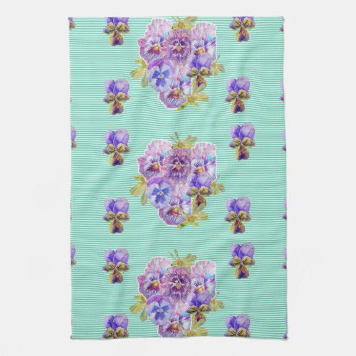 Shabby Chic Aqua Pansy Floral Kitchen Tea Towel