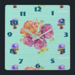 Shabby Chic Aqua Roses Rose Floral Room Turquoise Square Wall Clock<br><div class="desc">Shabby Chic Aqua Roses Rose Floral Room Clock. Designed from my original watercolour art.</div>