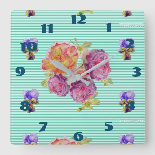 Shabby Chic Aqua Roses Rose Floral Room Turquoise Square Wall Clock