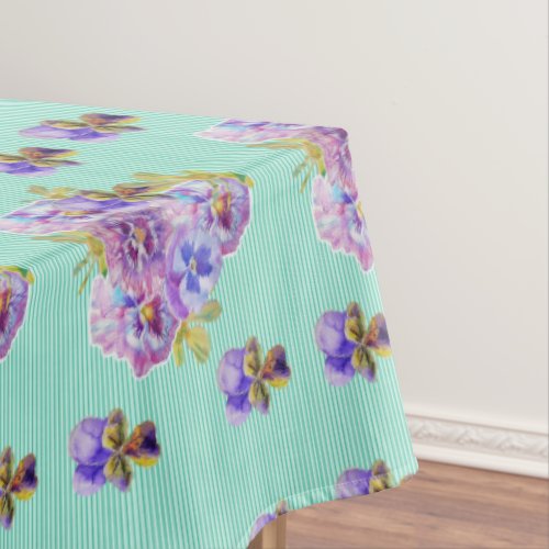 Shabby Chic Aqua Stripe Pansy Floral Tablecloth