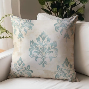 Shabby Chic Aqua Watercolor Damask Throw Pillow