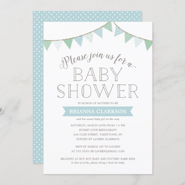 Shabby Chic Banners Blue | Baby Shower Invitation (Front/Back)