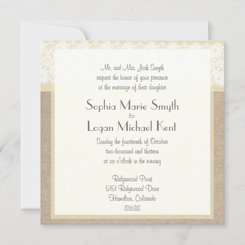 Shabby Chic Beige Lace Burlap Wedding Invitation