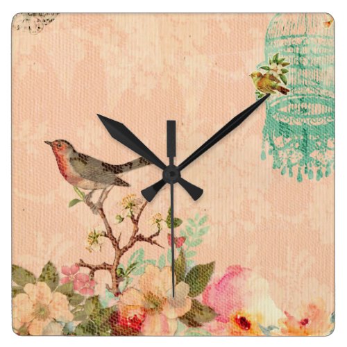 Shabby chic, bird,butterfly,lace,floral,country ch square wall clock