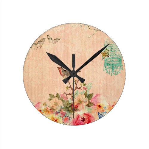 Shabby chic, bird,butterfly,lace,floral,country, round clock