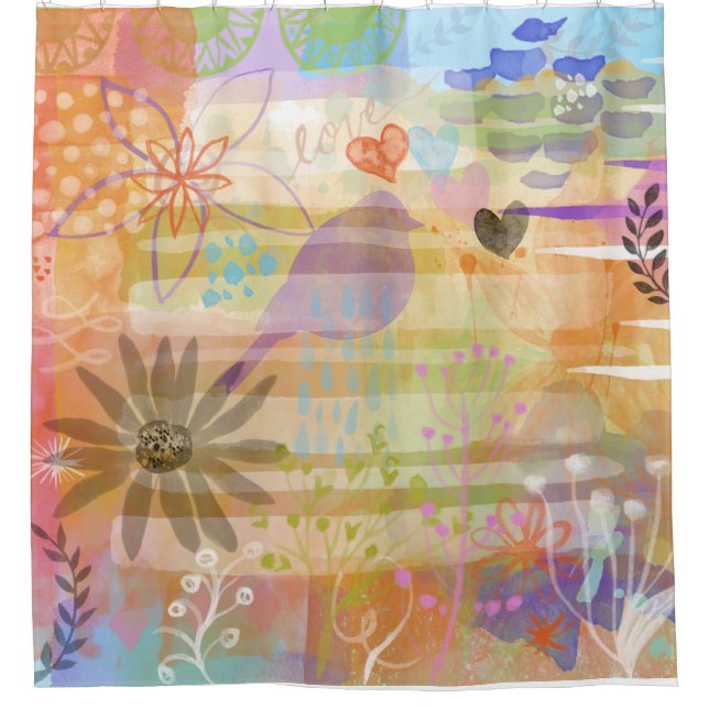 Shabby Chic Bird Flower Cute Watercolor Painting Shower Curtain (Front)