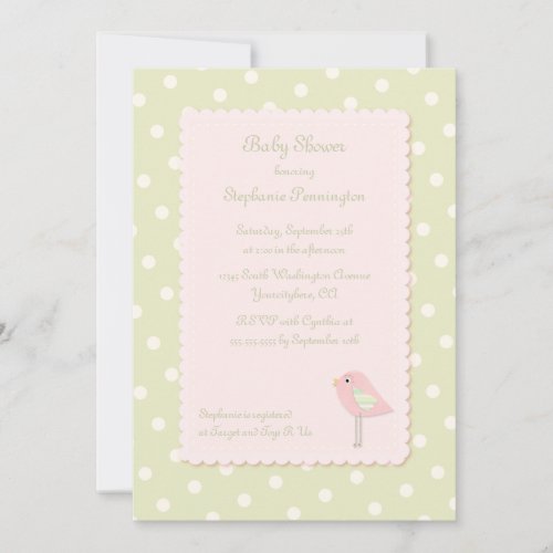 Shabby chic bird polka dots baby shower invitation