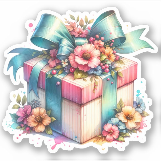 Shabby Chic Birthday Gift Watercolor Sticker (Front)