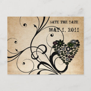 Shabby Chic Black Heart Save the Date Announcement Postcard