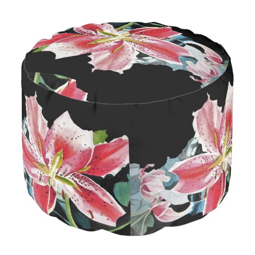 Shabby Chic Black Lily Floral Flowers Pouffe Pouf