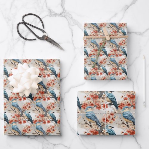 Shabby chic blue birds red sakura spring flowers wrapping paper sheets