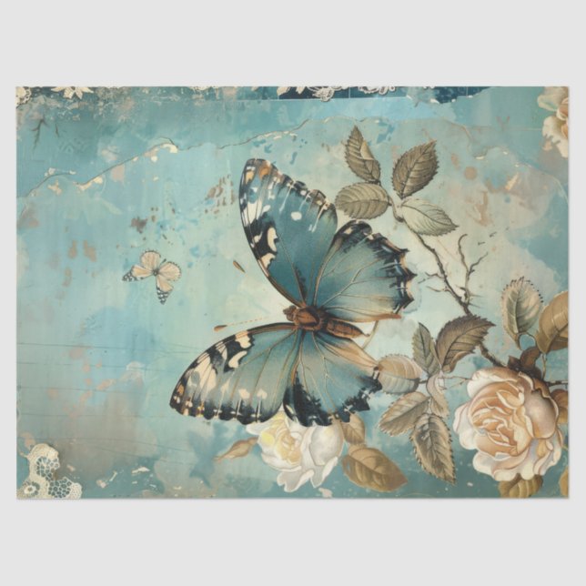 Shabby chic blue butterfly & blush roses tissue paper (Front)