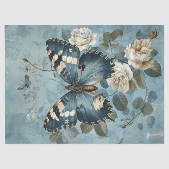 Shabby chic blue butterfly & roses tissue paper (Front)