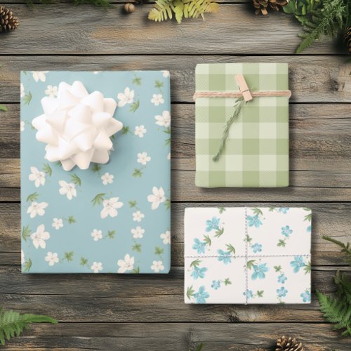 Shabby Chic Blue Ditsy Floral Cottagecore Gingham Wrapping Paper Sheets