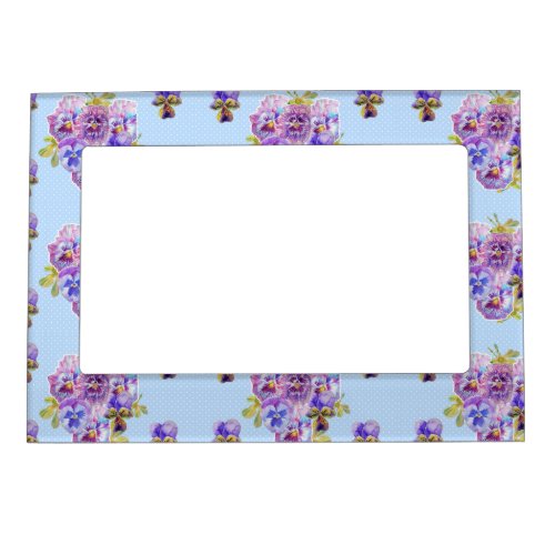 Shabby Chic Blue Dot Pansy Floral Magnetic Frame