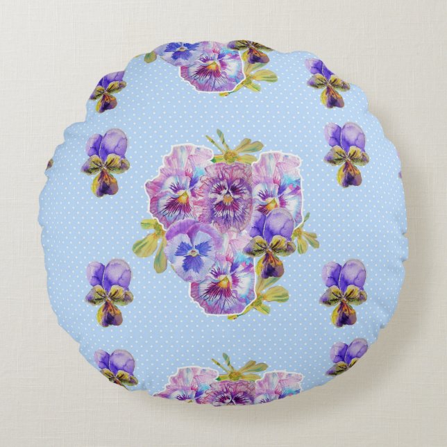 Shabby Chic Blue Floral Flowers Round Cushion (Front)