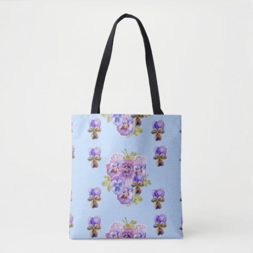 Shabby Chic Blue Flowers Floral Pansy Tote Bag