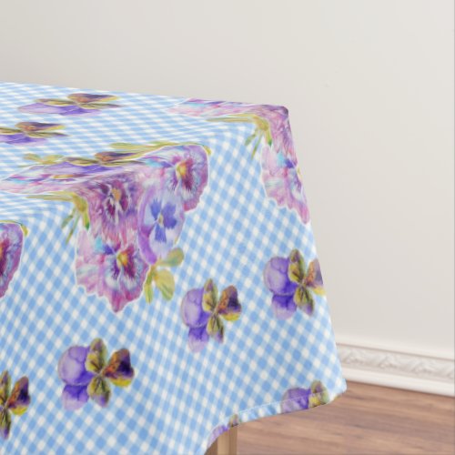 Shabby Chic Blue Gingham Pansy Floral Tablecloth