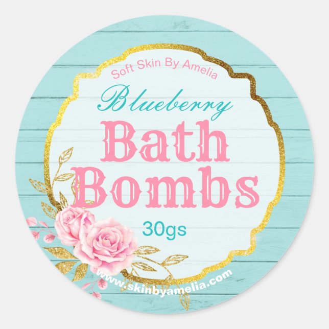 Shabby Chic Blue Gold Glitter Bath Bomb Labels (Front)