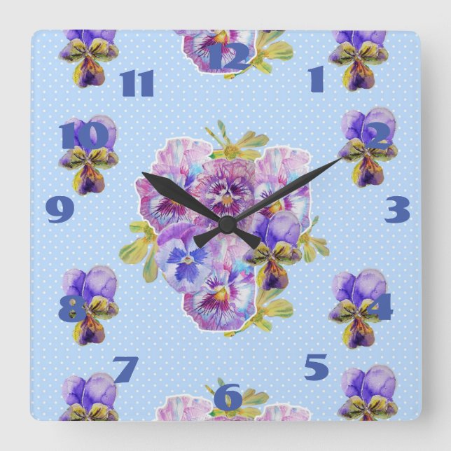 Shabby Chic Blue Pansies Pansy Floral Dot Spot Square Wall Clock (Front)