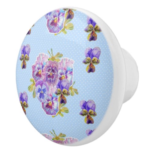 Shabby Chic Blue Pansy Floral Dot Computer Mouse Ceramic Knob
