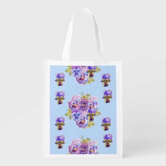 Shabby Chic Blue Pansy Floral Dot Grocery Bag (Front)