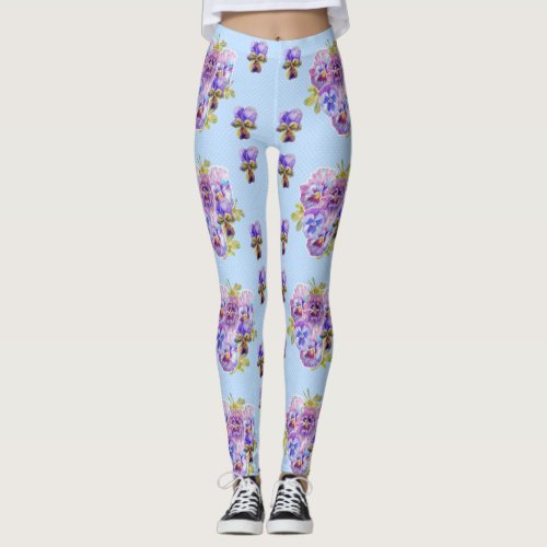 Shabby Chic Blue Pansy Floral Dot Leggings