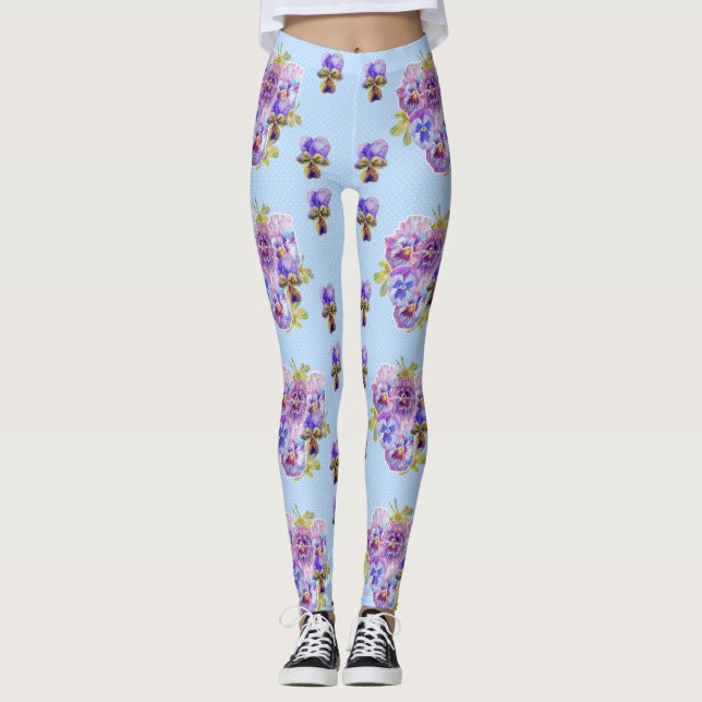 Shabby Chic Blue Pansy Floral Dot Leggings (Front)