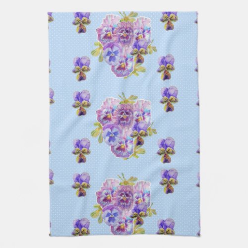 Shabby Chic Blue Pansy Floral Dot Tea Towel