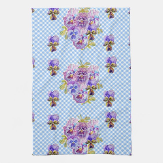 Shabby Chic Blue Pansy Floral Kitchen Tea Towel (Vertical)