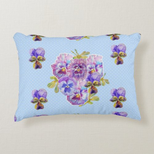 Shabby Chic Blue Pansy Floral Polka Dot Cushion