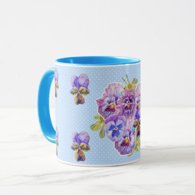 Shabby Chic Blue Pansy Floral Polka Dot Mug (Front Left)