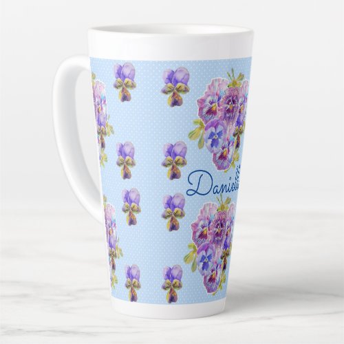 Shabby Chic Blue Pansy Floral Polka Dot Mug