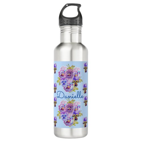 Shabby Chic Blue Pansy Floral Polka Dot Stainless Steel Water Bottle